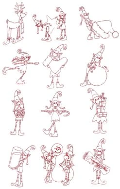 Quirky Christmas Elves Redwork
